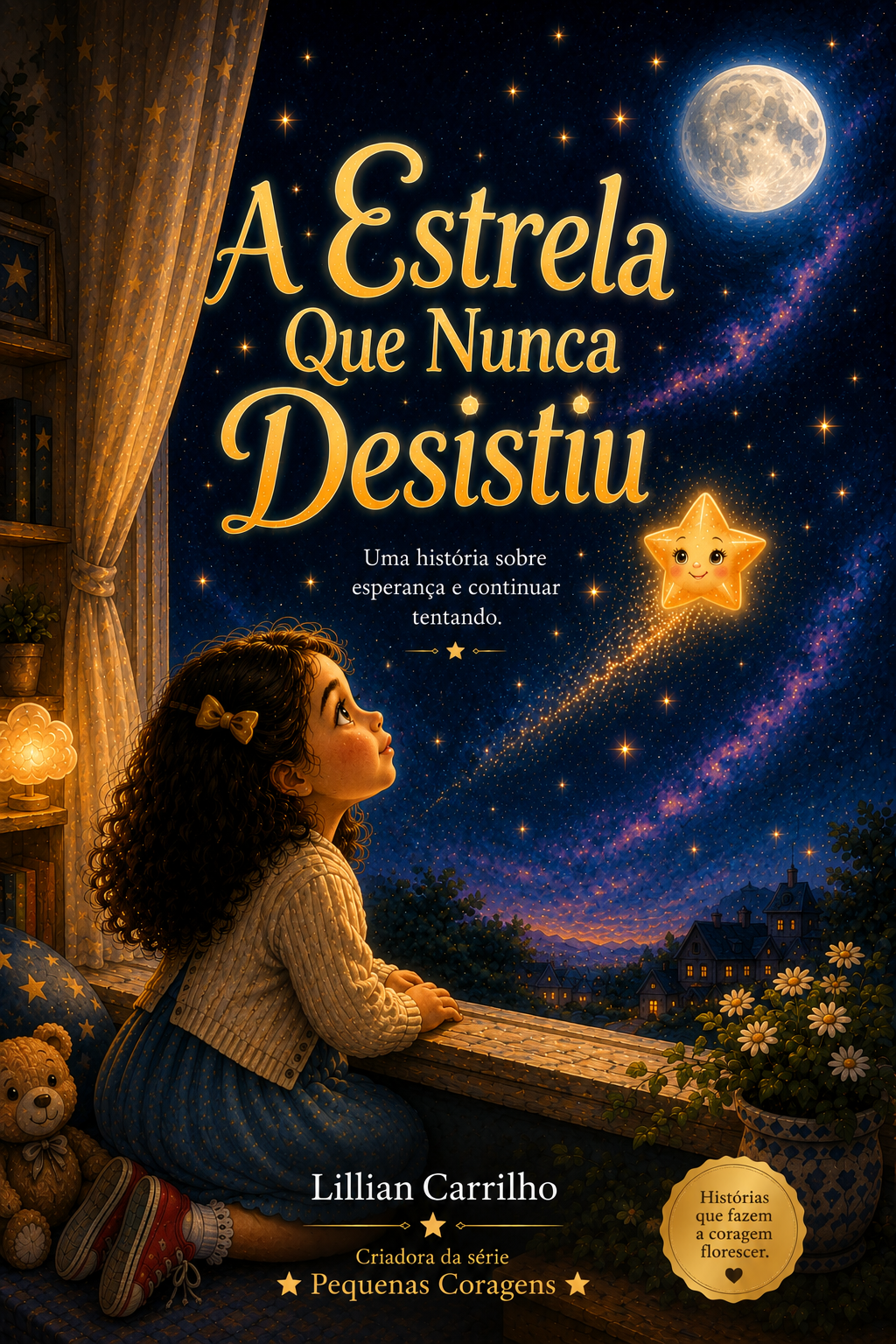 Capa premium: Sofia na janela olhando a estrela Lumi no céu estrelado, com título e nome da autora.