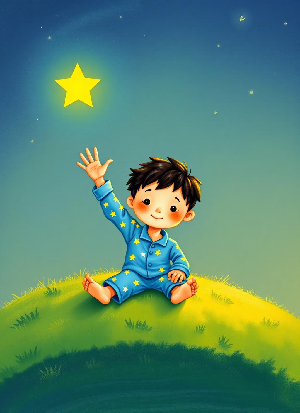 Theo de pijama azul olha o céu cheio de estrelas douradas, com uma delas bem pertinho dele.