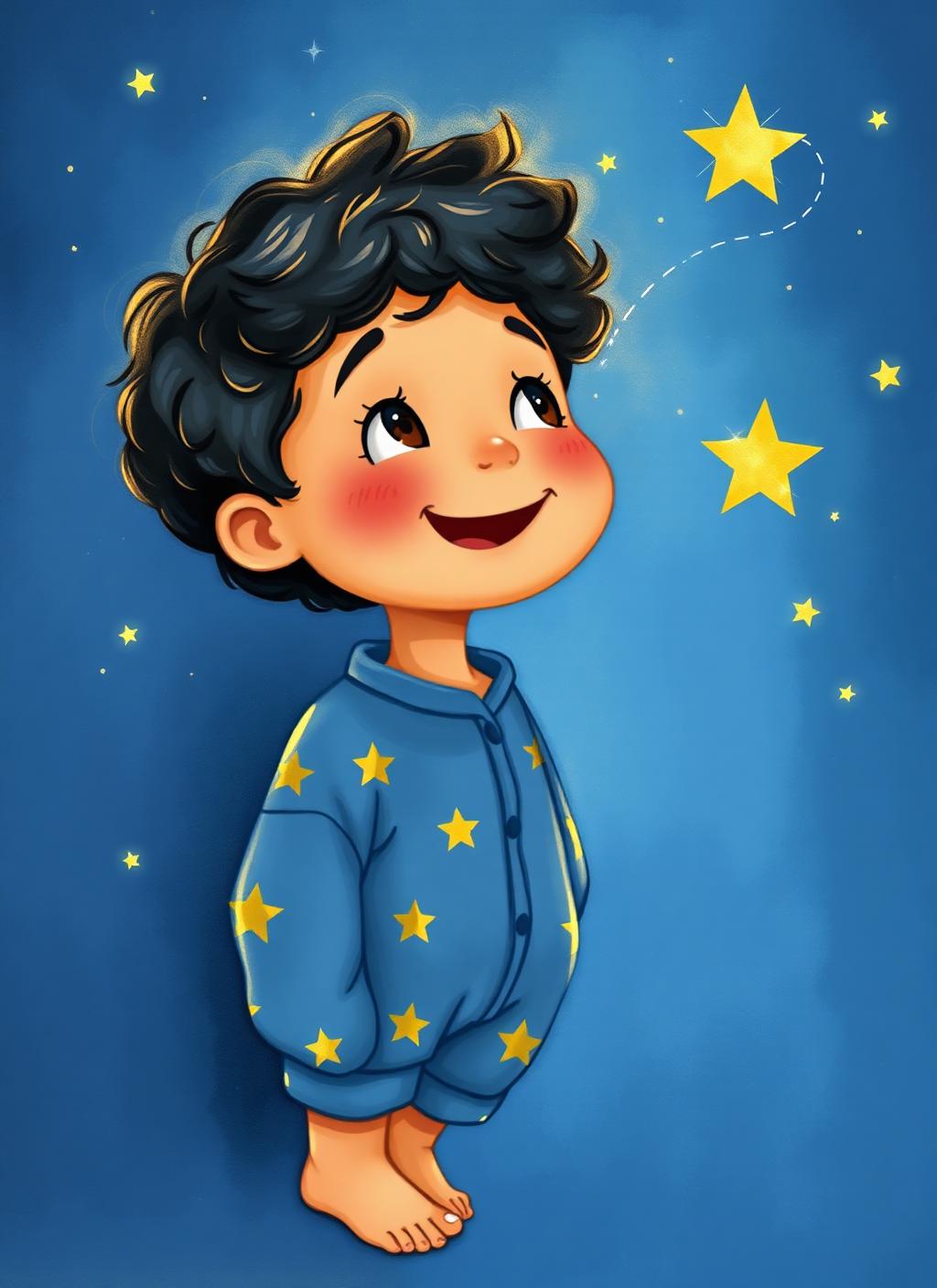 Close de Theo sorrindo encantado, com a luz dourada da estrela no rosto.