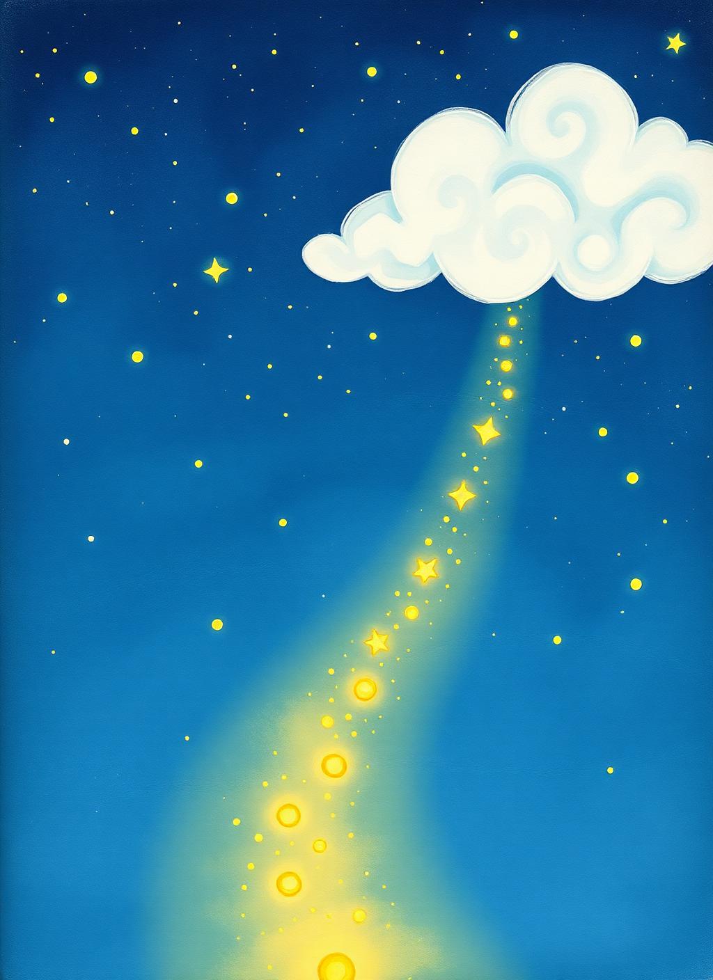 Caminho luminoso saindo da janela e subindo em curva pelo céu estrelado.