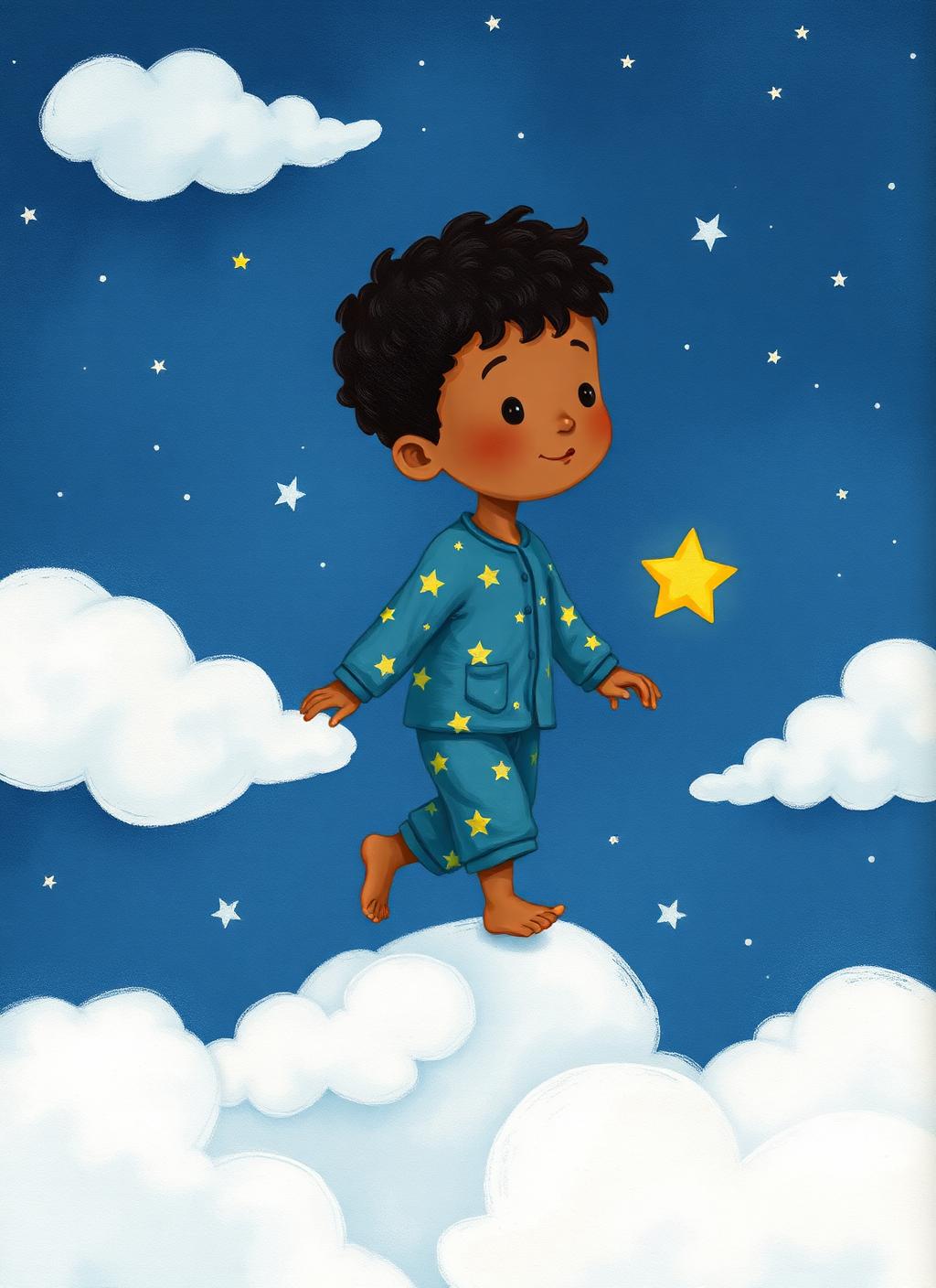 Theo caminhando sobre nuvens fofas com a estrelinha ao lado.