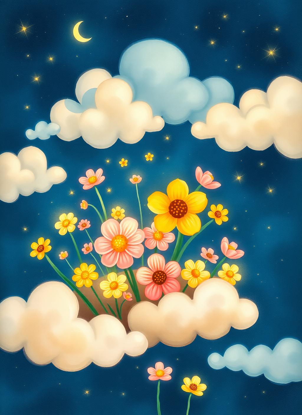 Jardim suspenso nas nuvens com flores luminosas de várias cores.