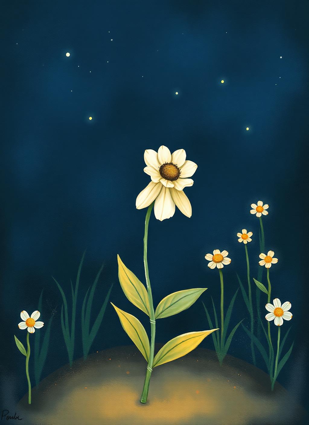 Uma flor pequenina de pétalas murchas, quase sem brilho, num canto sombrio.