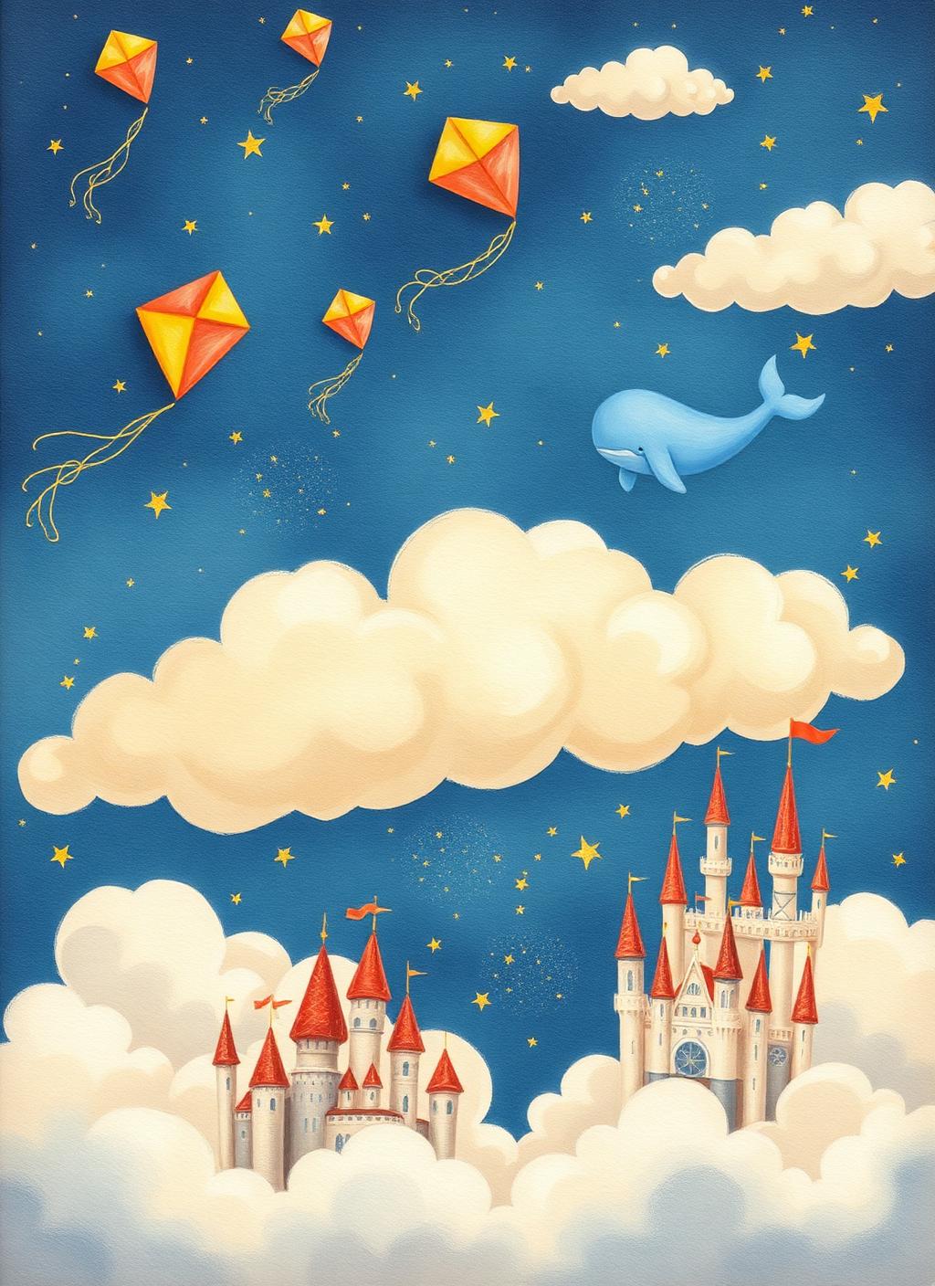 Pipas coloridas, baleias voadoras e castelos de nuvem no céu estrelado.