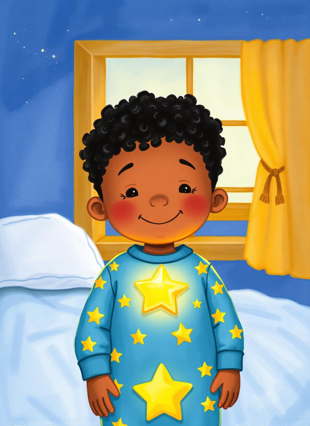 O menino no quarto com uma estrela dourada brilhando no peito do pijama.