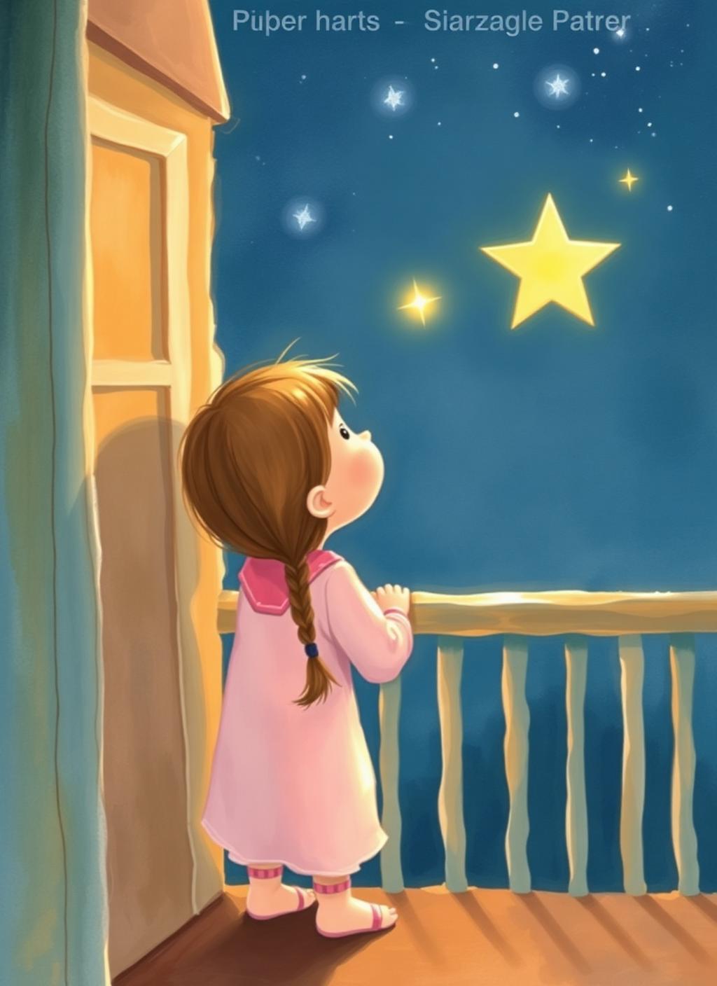 Uma menina de pijama rosa olhando o céu, com uma estrela brilhando forte.