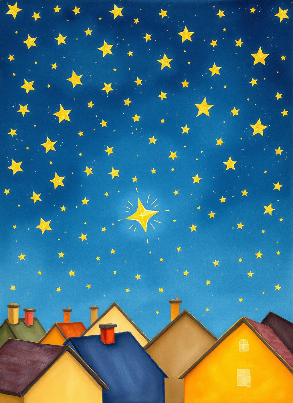 Céu cheio de estrelas sobre os telhados, com uma estrelinha nova nascendo.