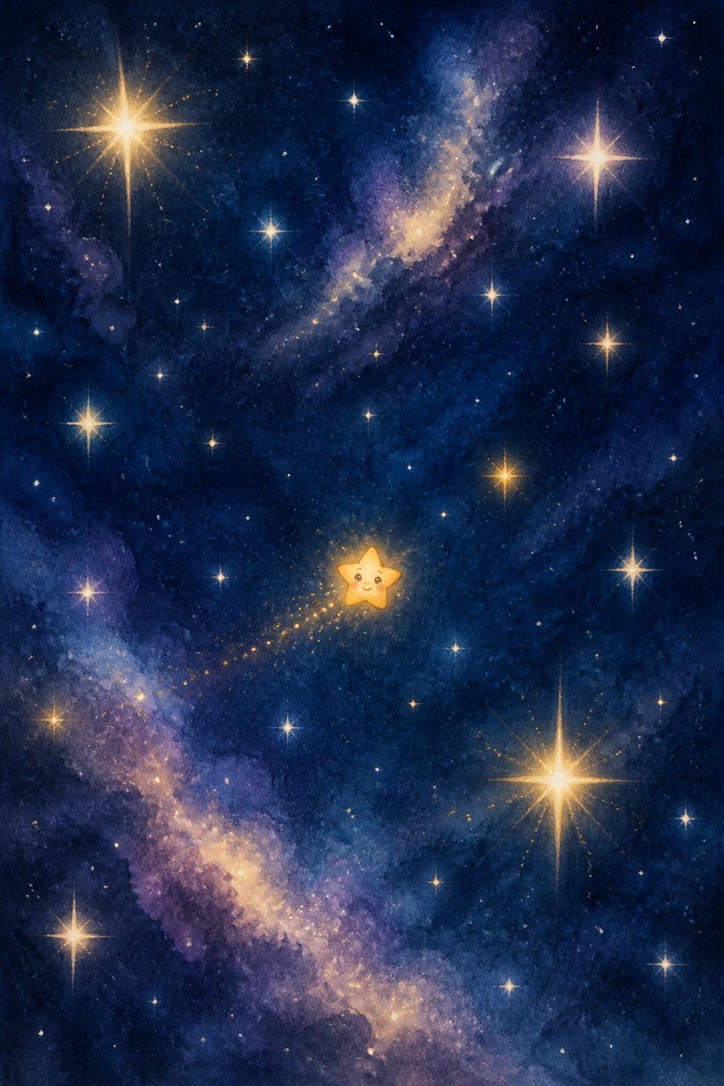 Céu noturno imenso com estrelas grandes brilhando e Lumi pequenina entre elas.