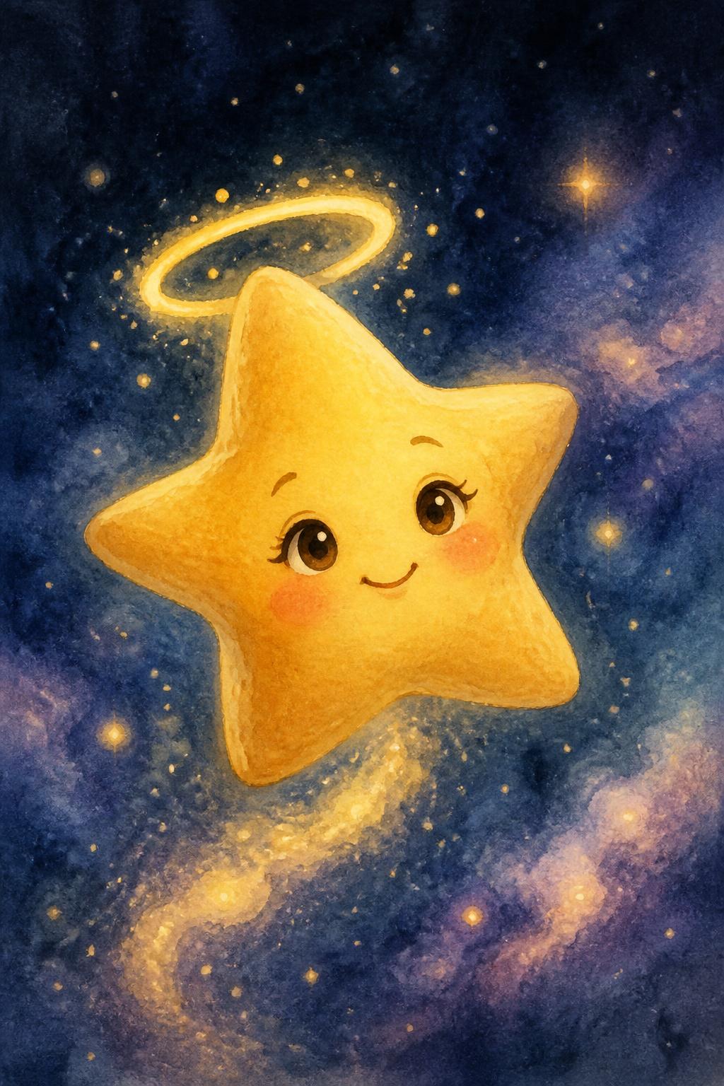 Close de Lumi com halo dourado suave e olhinhos castanhos expressivos.