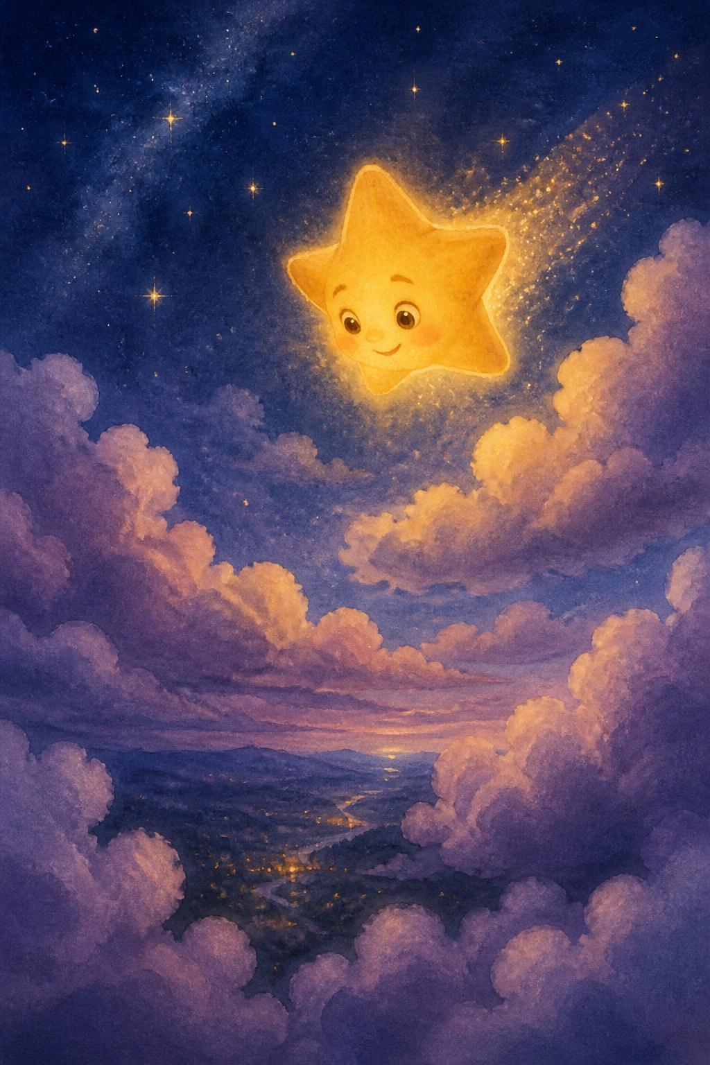 Lumi olha para baixo, através das nuvens, em direção às luzinhas distantes da terra.
