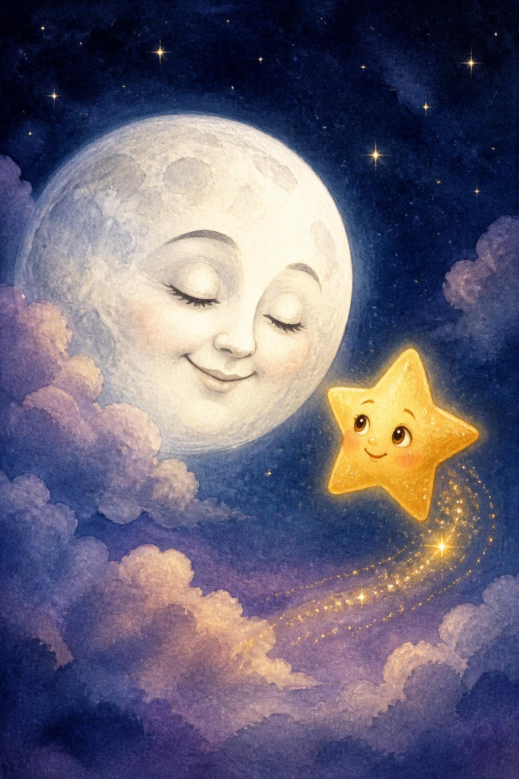 A Lua cheia surge entre nuvens macias, com olhos fechados e sorriso acolhedor.