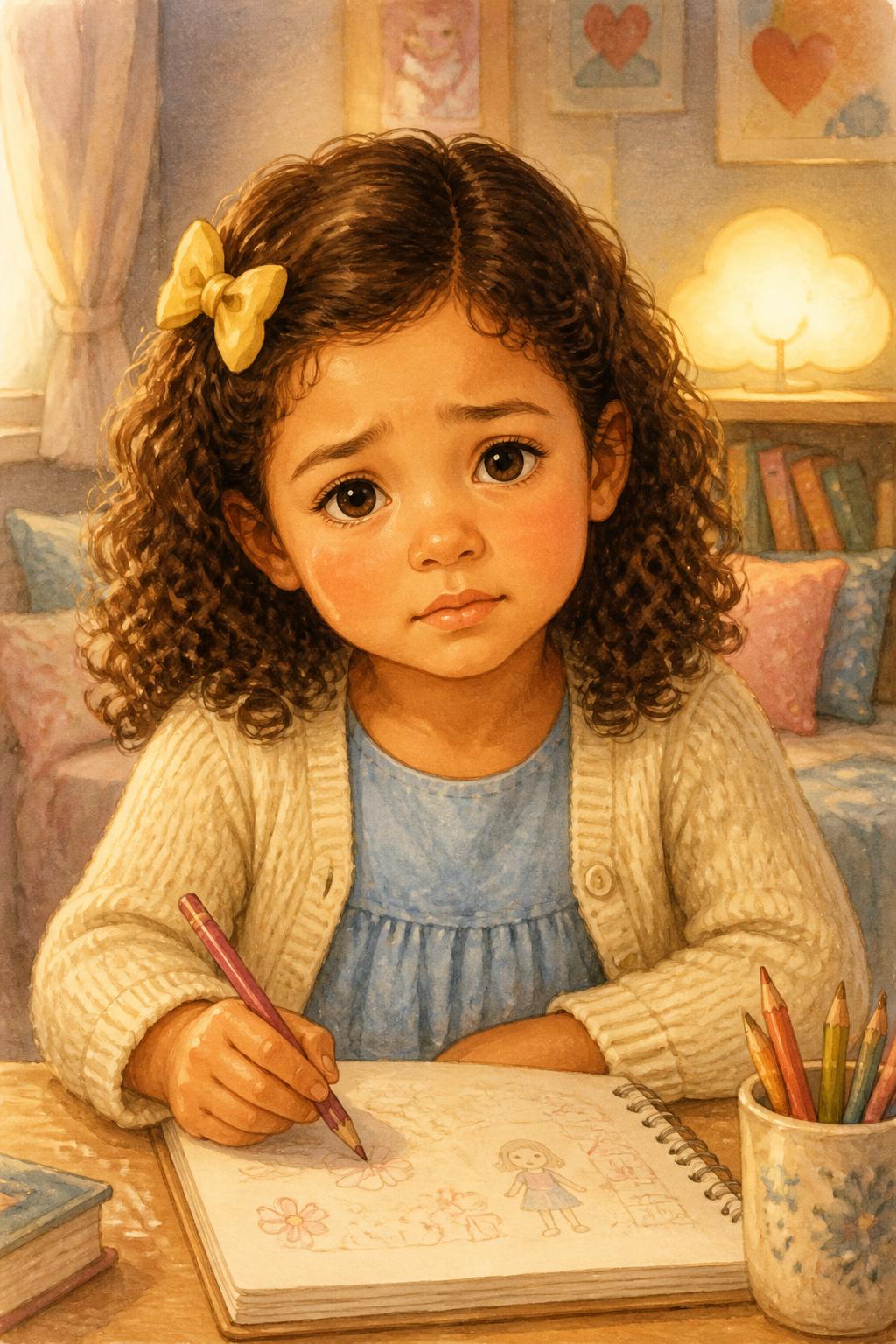 Close de Sofia segurando um lápis de cor diante de um caderno cheio de desenhos começados.