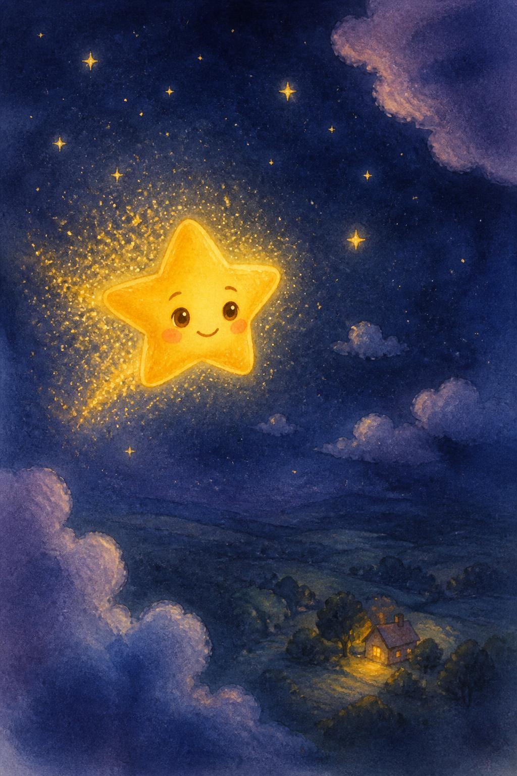 Lumi feliz no alto, observando a janela iluminada de uma casinha lá embaixo.