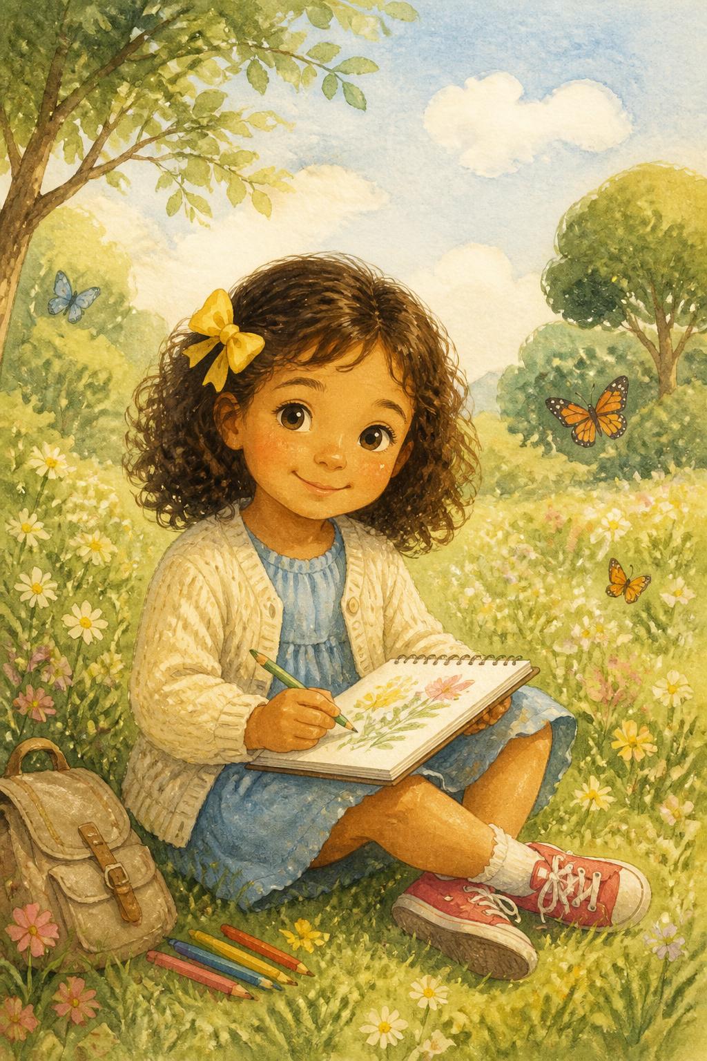 Sofia desenhando em um campo florido, cercada de flores e borboletas.