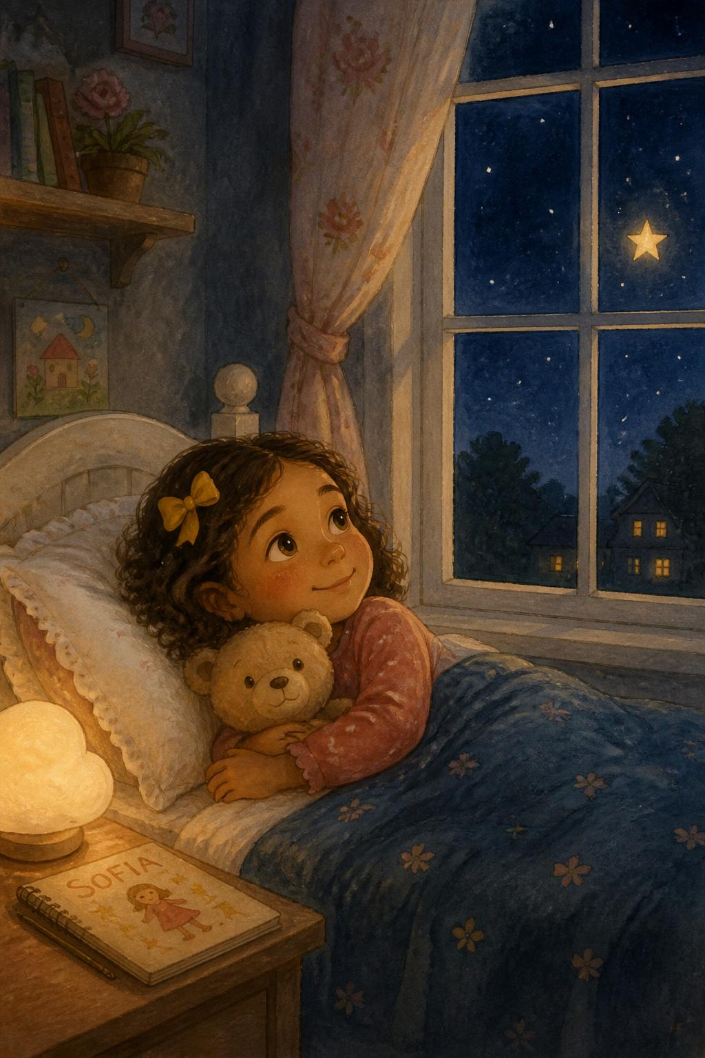 Sofia deitada na cama abraçando o urso, olhando a estrelinha dourada pela janela.