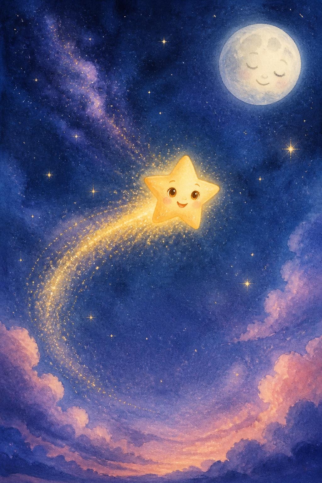 Lumi brilhando bem forte no céu, com um longo rastro dourado e a lua sorrindo ao longe.