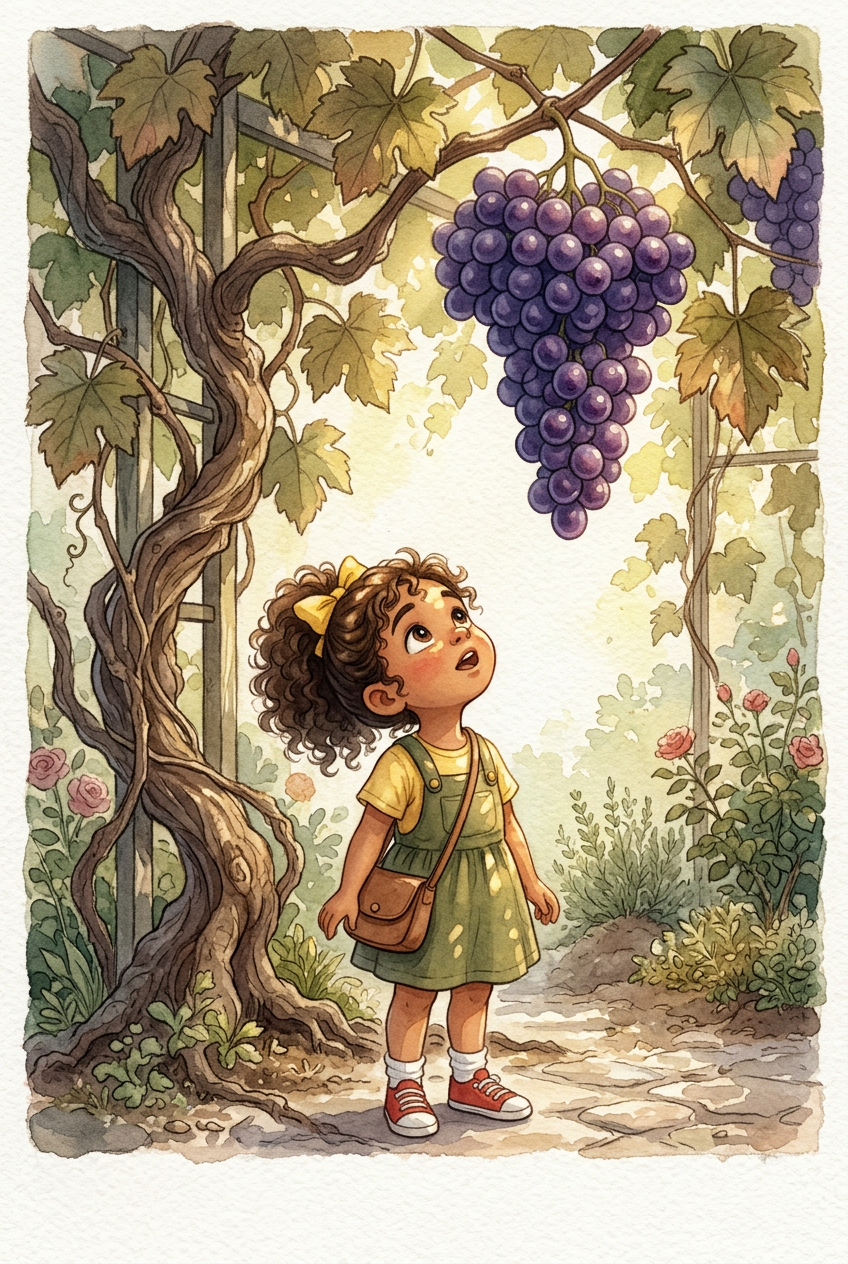 Lya olhando para cima com admiração para um cacho de uvas gigante e roxo localizado bem no alto da videira.