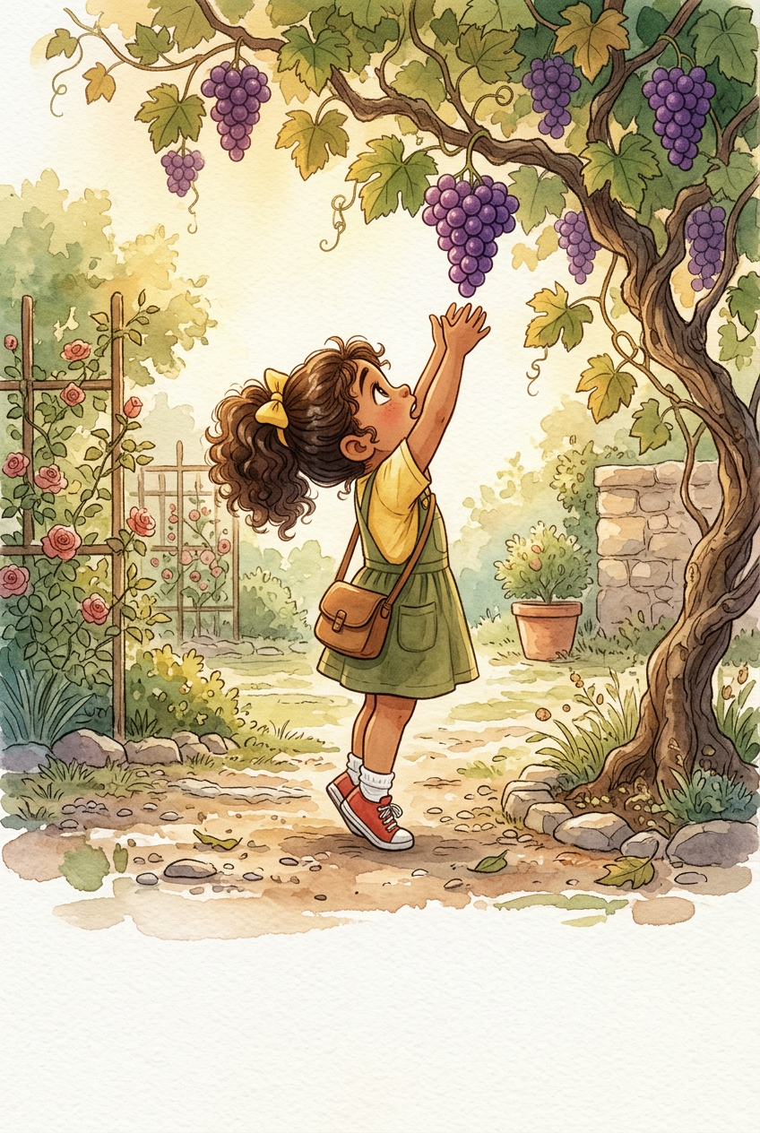 Lya na ponta dos pés, braços esticados, tentando alcançar as uvas. Mostra claramente a diferença de altura entre ela e o cacho.