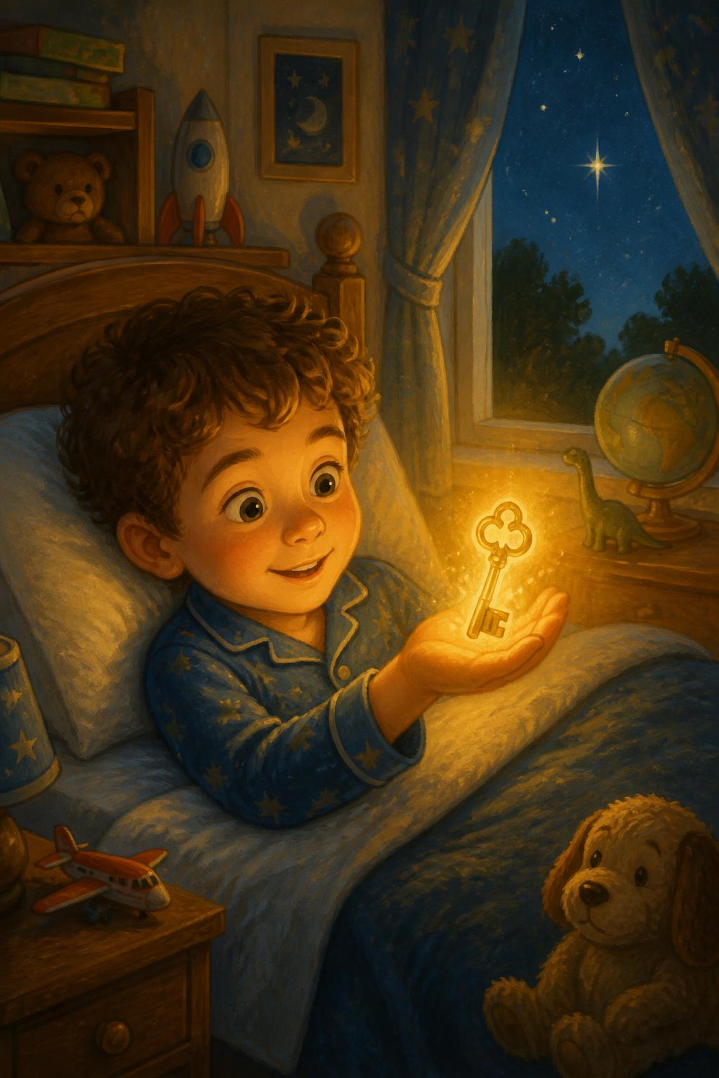 Quarto aconchegante à noite, Léo de pijama observa a chave brilhando na palma da mão.