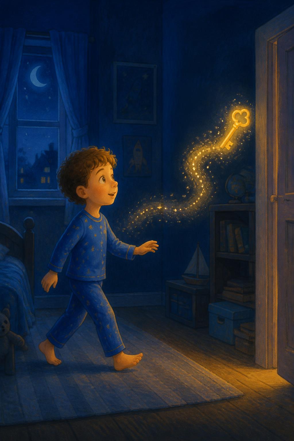 A chave dourada flutua deixando um rastro de estrelinhas no quarto azul-escuro.