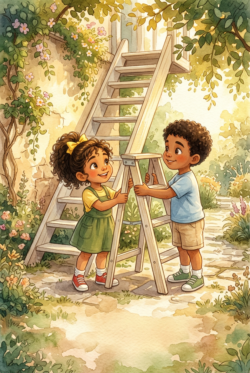 Lya e Aby sorrindo um para o outro enquanto seguram a escada de madeira juntos.