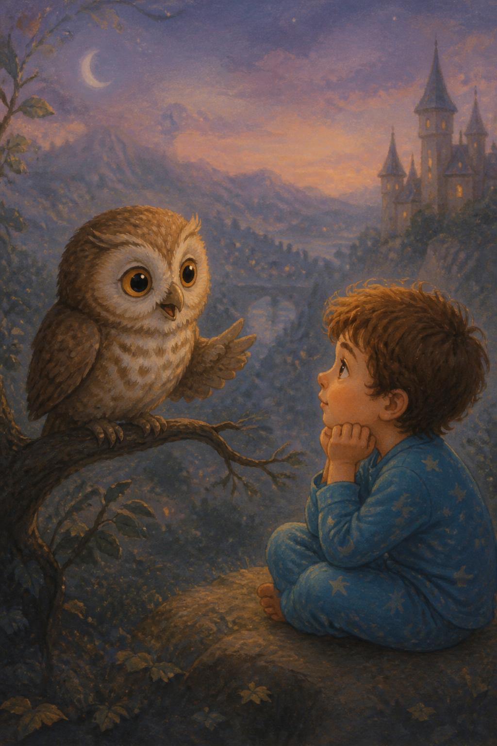 Corujinha marrom em um galho conversando com Léo sentado, sob um céu de fim de tarde.