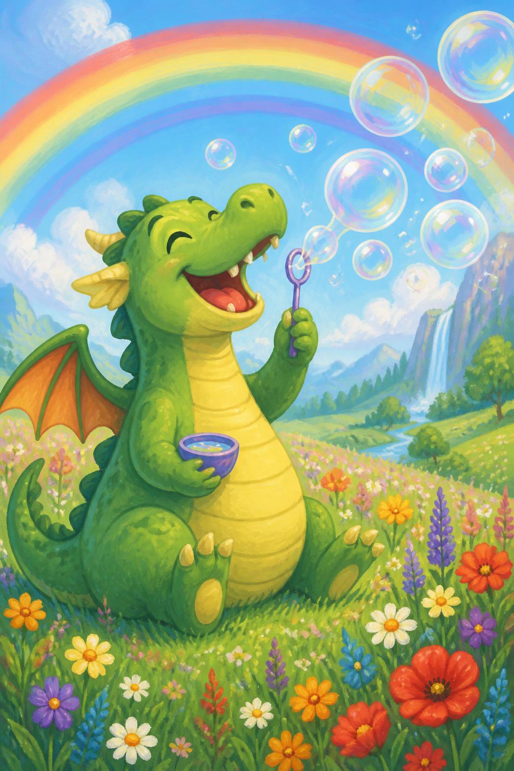 Dragão verde e simpático soprando bolhas de sabão em um campo florido com arco-íris.