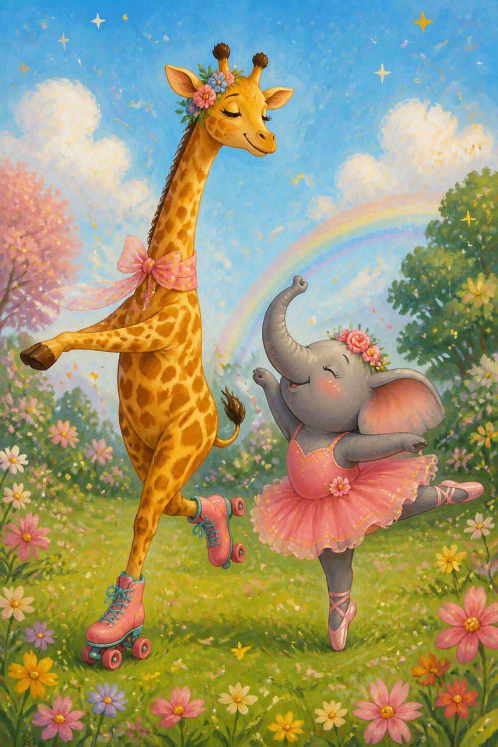 Girafa de patins deslizando ao lado de um elefante de tutu rosa dançando balé.