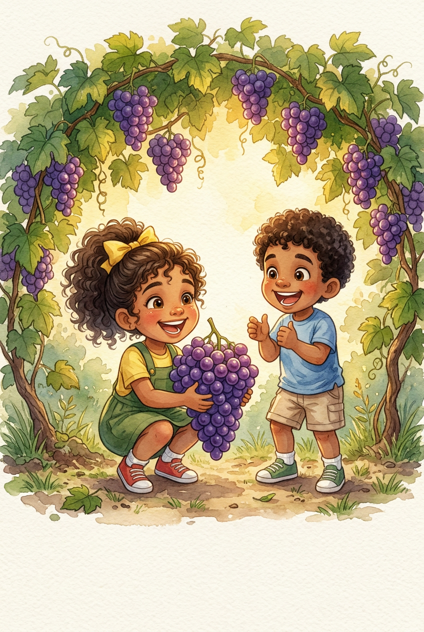 O grande cacho de uvas roxas finalmente nas mãos de Lya. Ela e Aby comemoram a vitória conjunta.