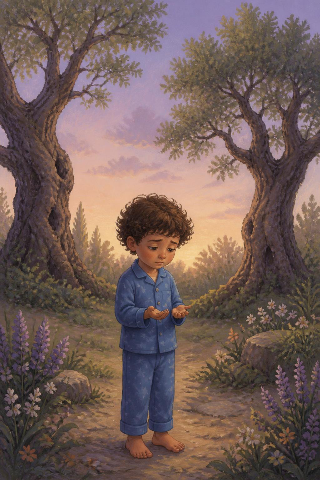 Léo sozinho no jardim ao amanhecer, olhando as mãos vazias, com carinha triste.