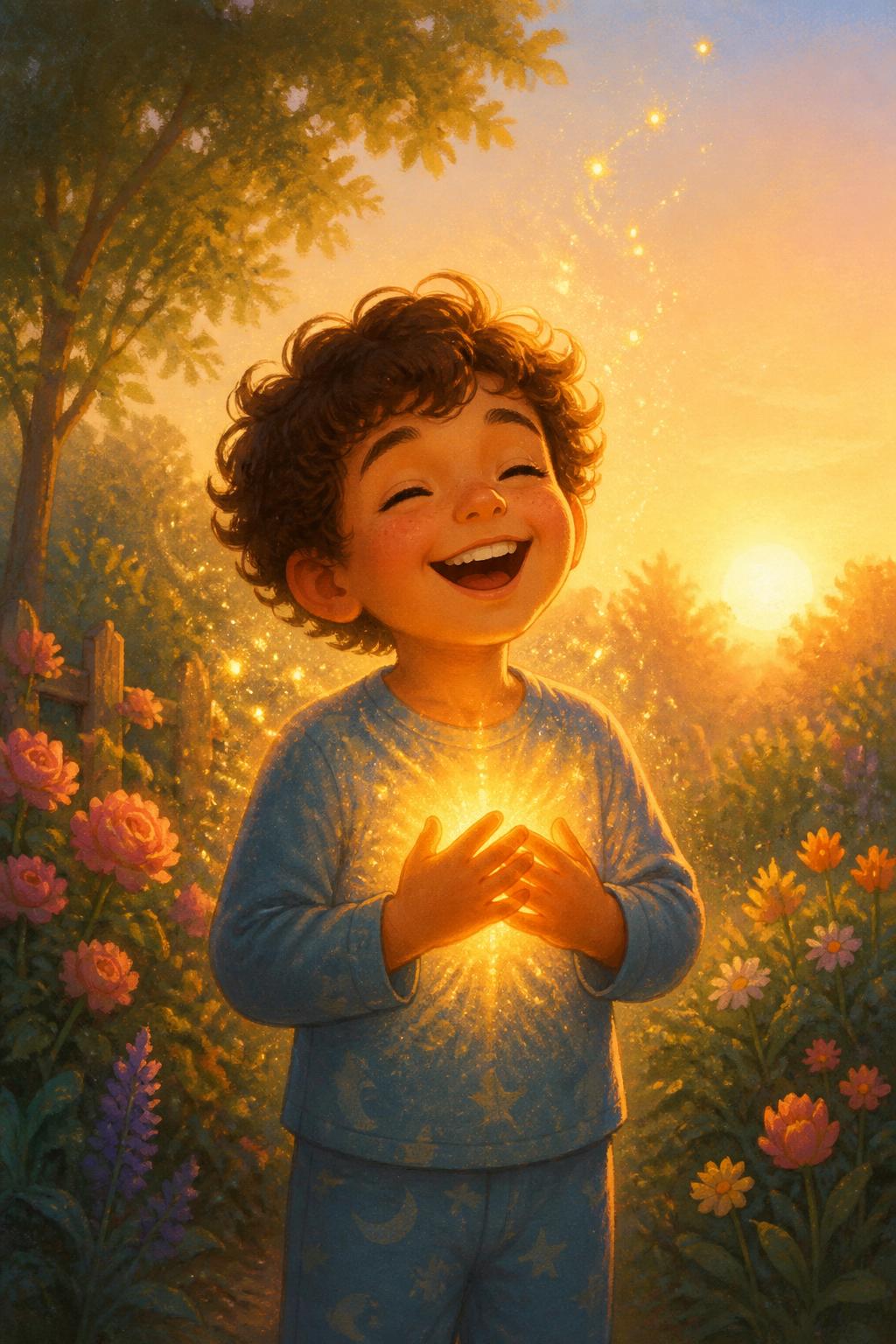 Léo sorrindo enorme, com uma luz dourada saindo do peito, ao nascer do sol.
