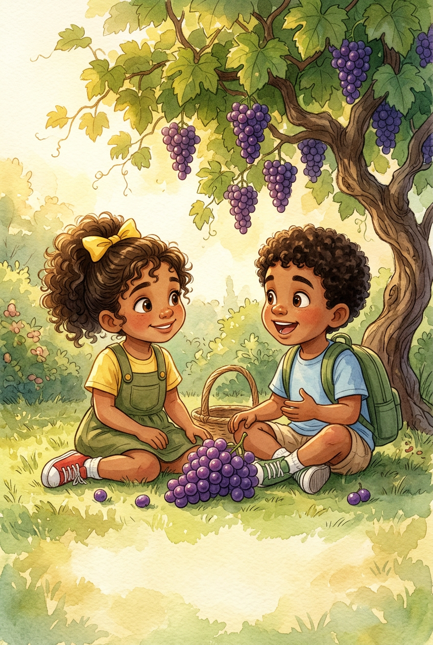 Lya e Aby dividindo o cacho de uvas, sentados no gramado. Momento de pura amizade.
