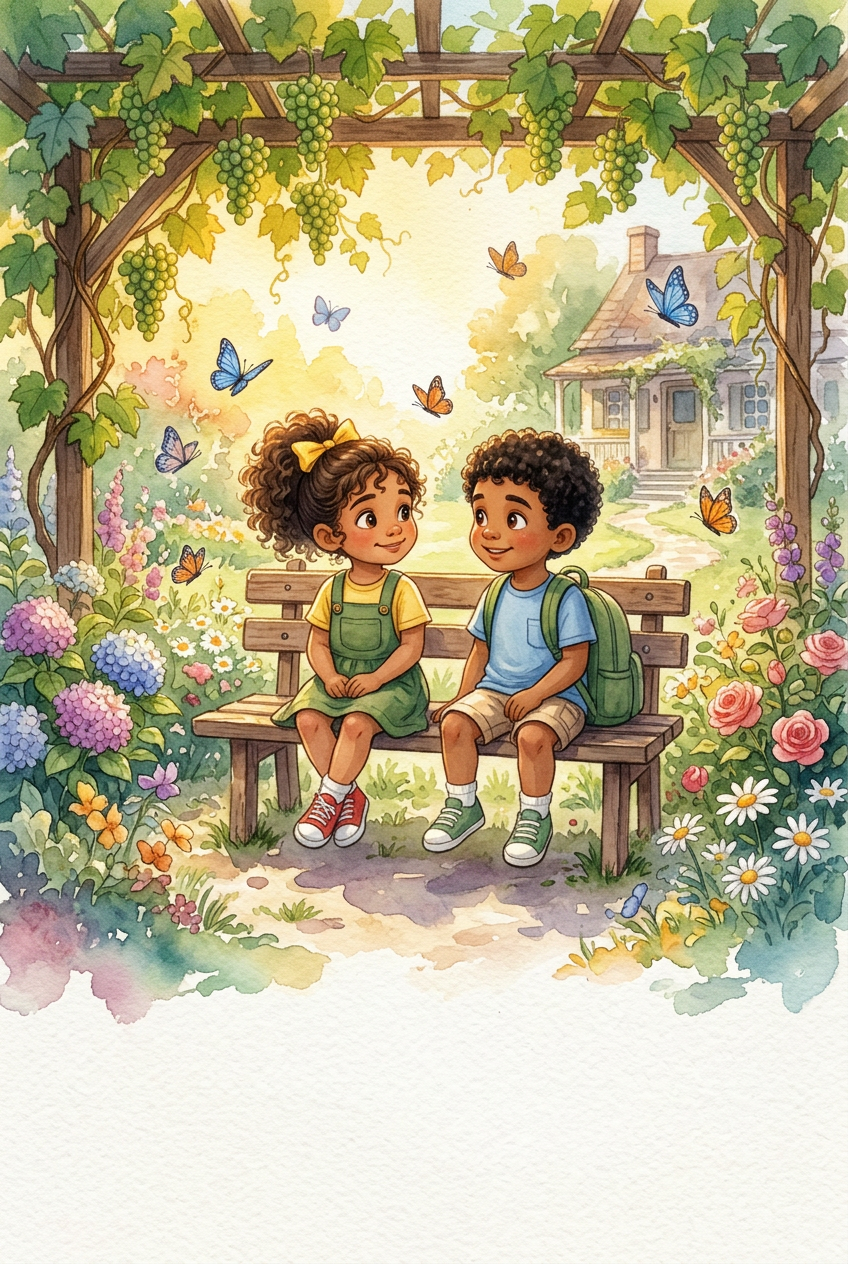 Lya e Aby sentados juntos sob a videira em um ambiente tranquilo e feliz.