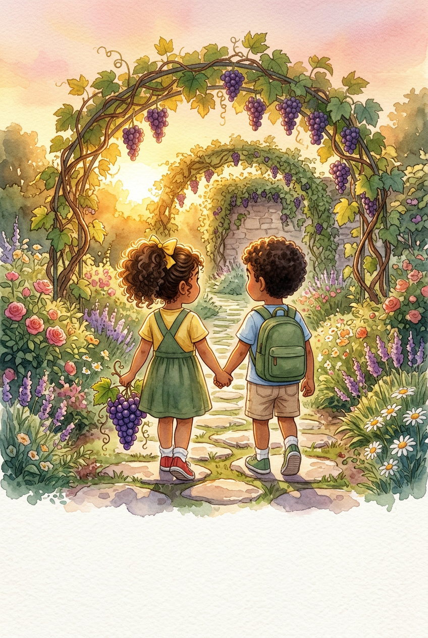 Lya e Aby caminhando juntos pelo jardim ensolarado. A videira fica ao fundo como símbolo de aprendizado.
