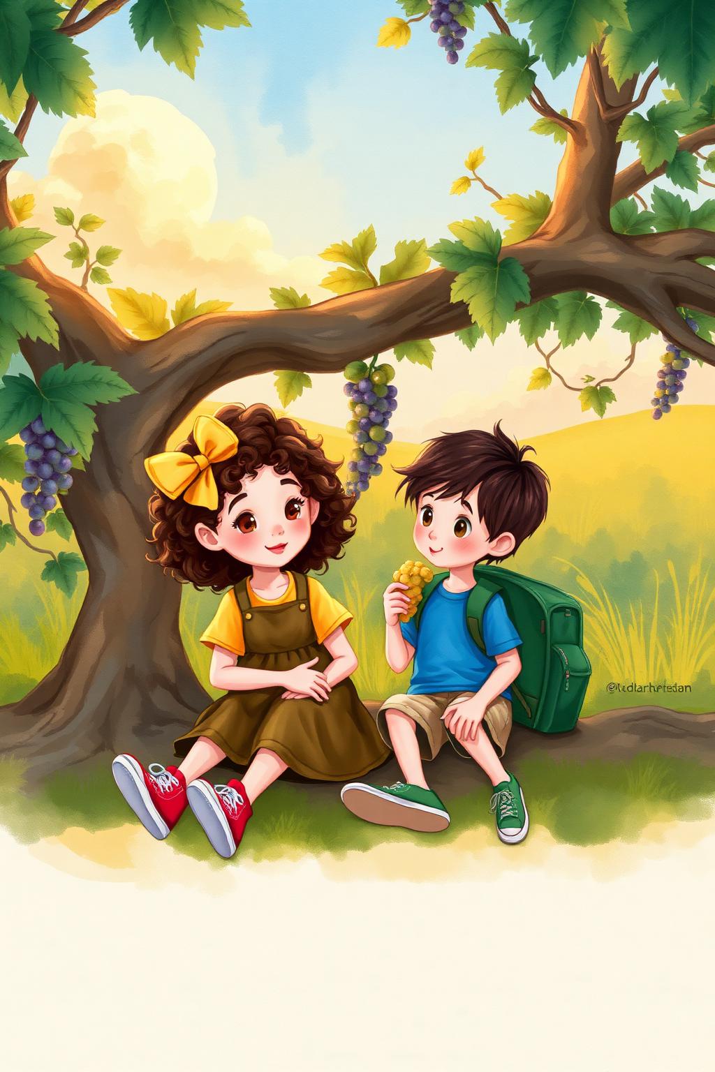 Ilustração final: Lya e Aby sentados sob a videira ao entardecer, com uma luz dourada suave. Atmosfera de paz e moral da história.
