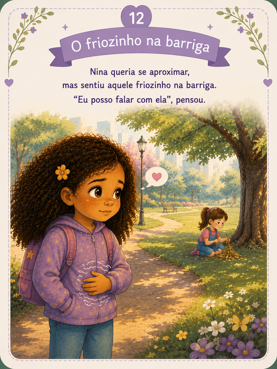 Nina sentada em um banco, segurando a caixinha. A menina continua brincando ao fundo. Emoção: Hesitação.