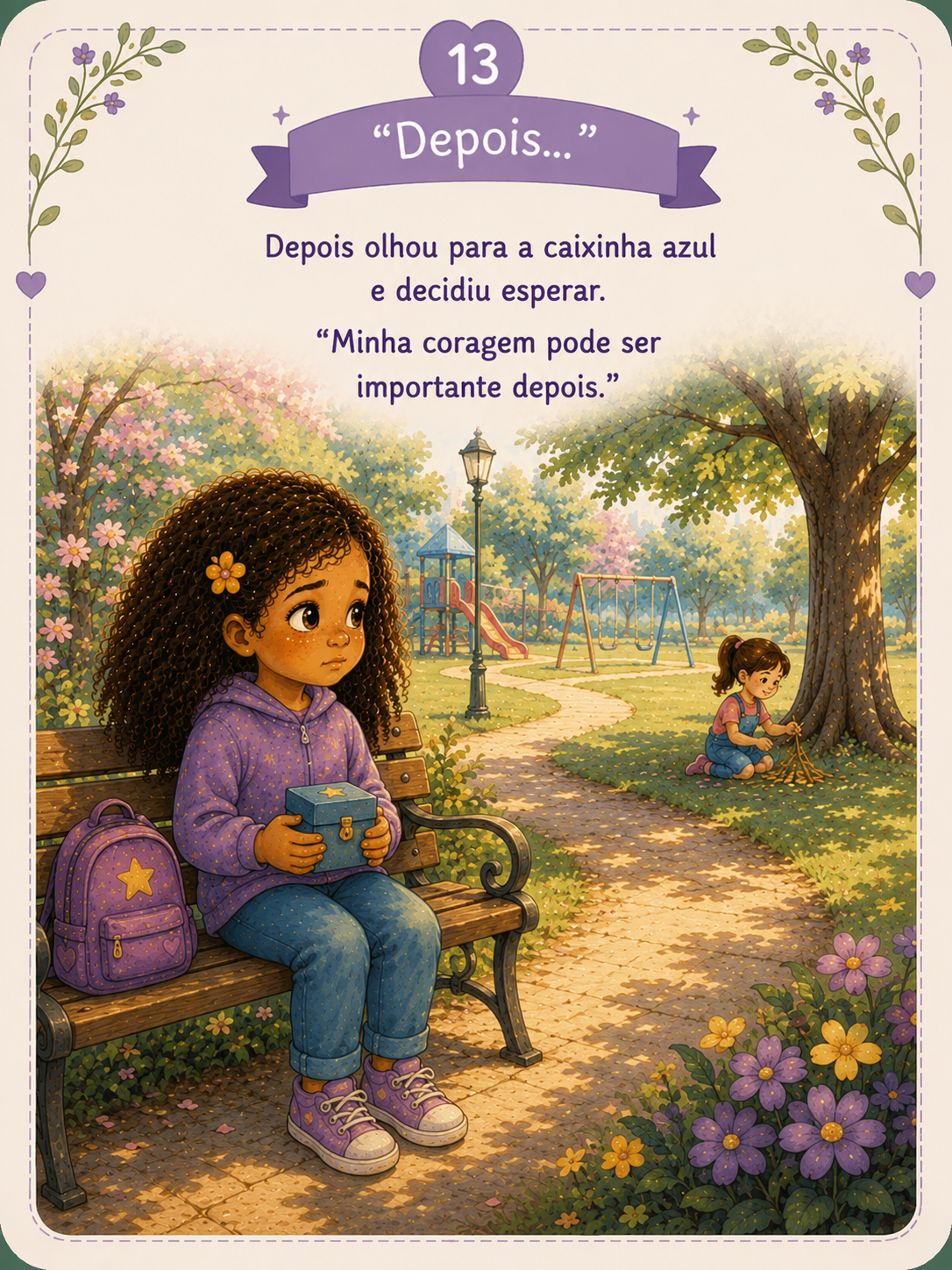 Uma linda borboleta pousada suavemente na mão de Nina. Nina olha maravilhada. A outra menina aparece ao fundo. Emoção: Encantamento.
