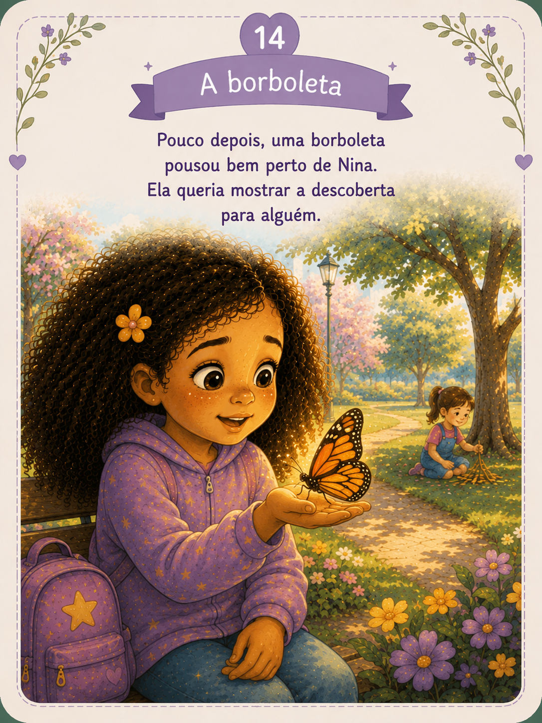 Nina dá um pequeno passo, mas para. A borboleta começa a voar para longe. Emoção: Pequena frustração.