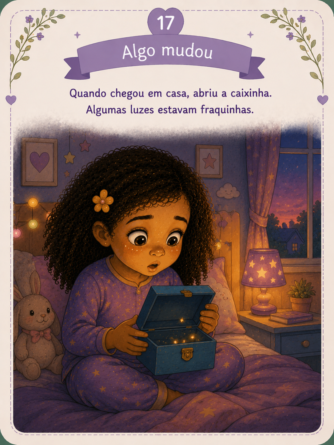 Nina abraçando a caixa. Olhar preocupado, mas sem tristeza intensa. Uma pequena lágrima pode aparecer, de maneira delicada. Emoção: Preocupação.