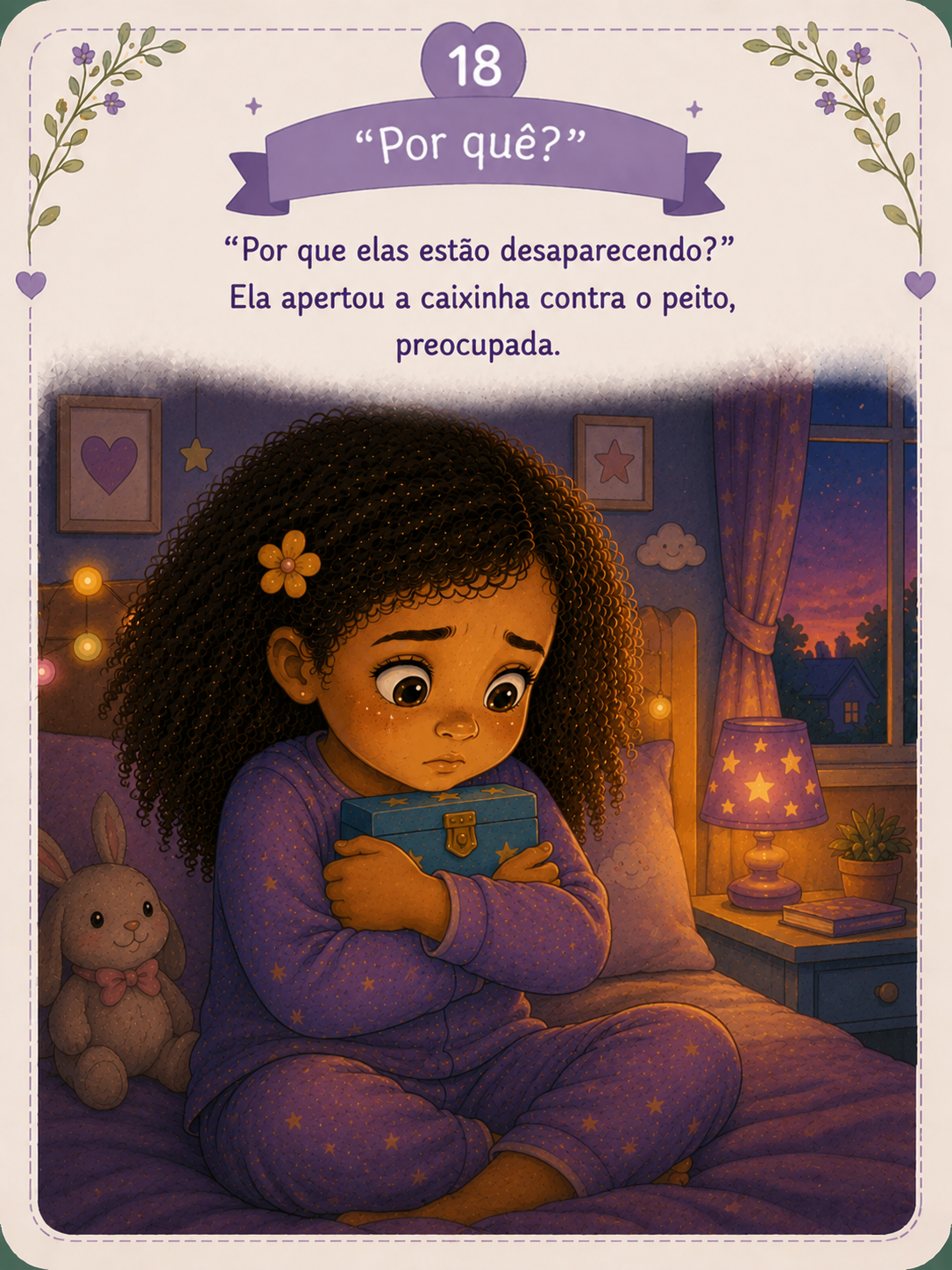 Uma pequena esfera dourada saindo da caixa e flutuando no ar. Nina acompanha o movimento com os olhos. Emoção: Maravilhamento.
