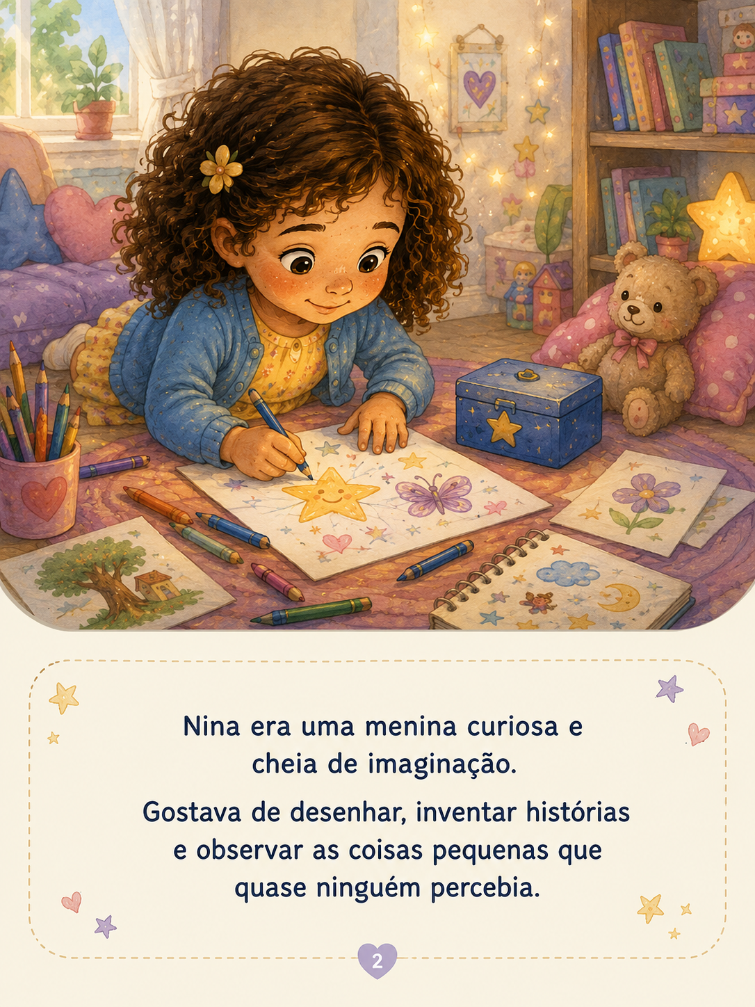 Nina observando outras crianças brincando. Ela está um pouco afastada, segurando as mãos junto ao corpo. Emoção: Timidez.