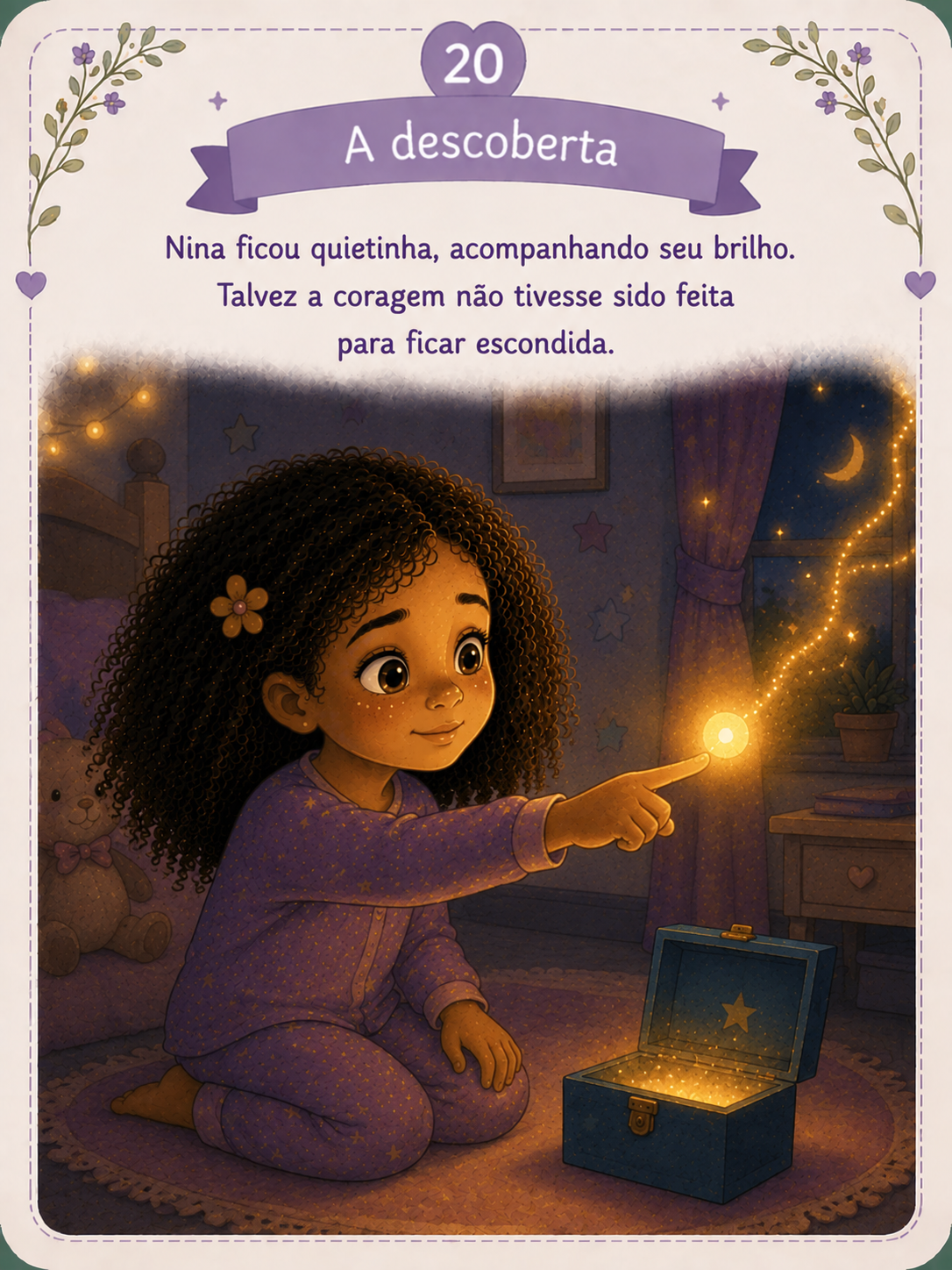 Nina no parque pela manhã. A luz dourada repousa suavemente sobre seu coração. Emoção: Esperança.