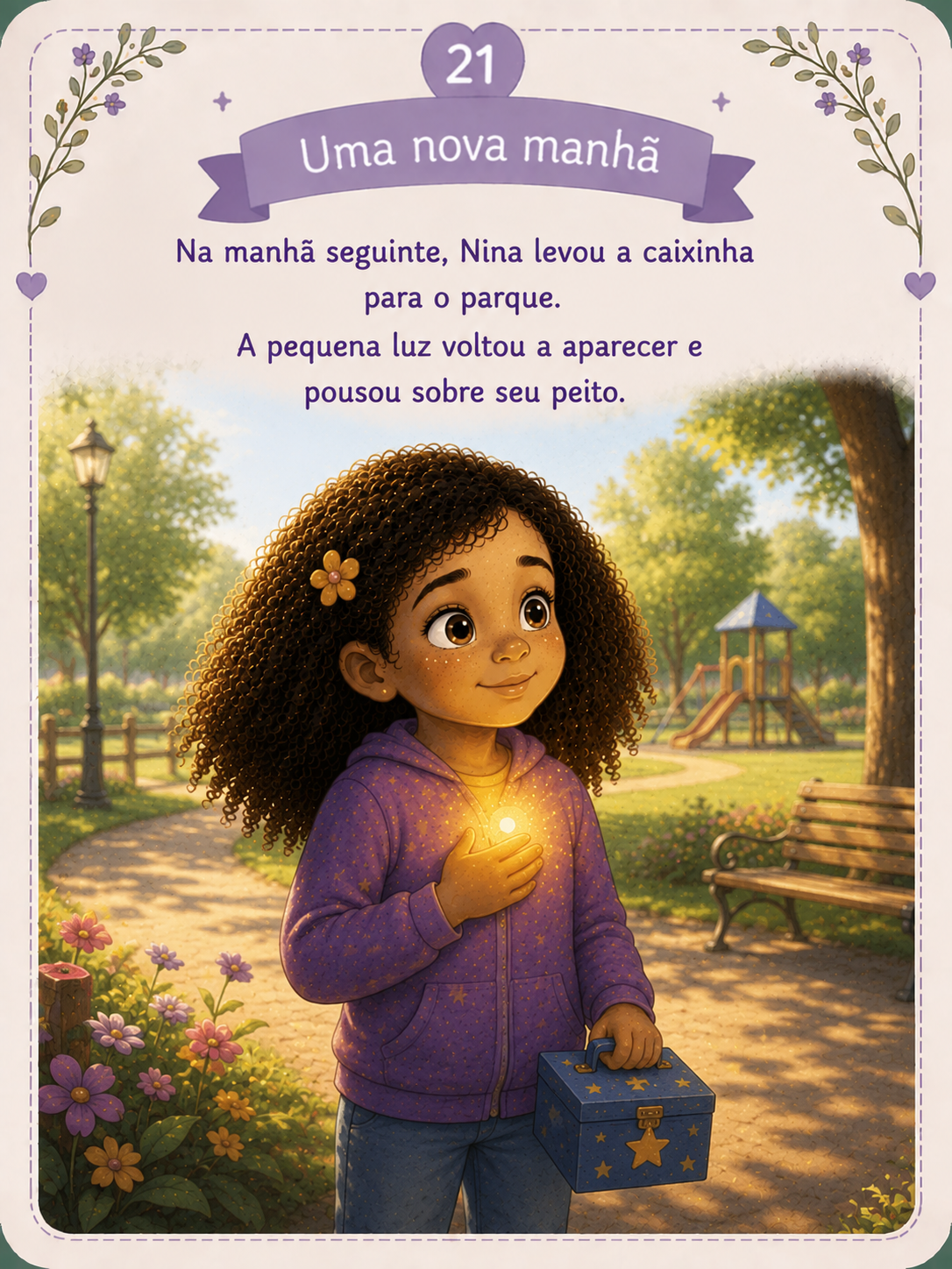 Nina com a mão sobre o coração. Pequena luz dourada iluminando seu peito. Emoção: Descoberta interior.