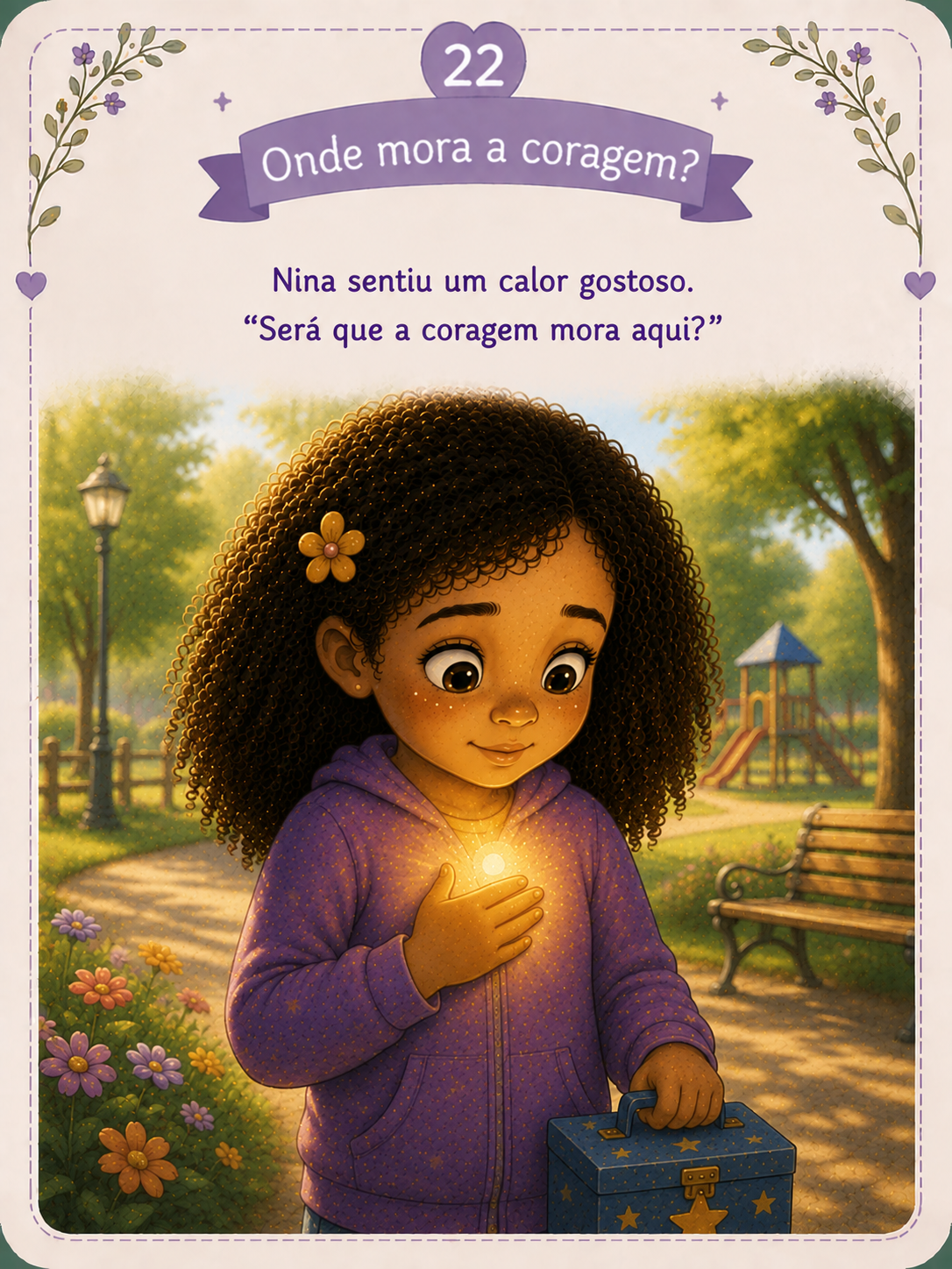 Nina olha para a menina. Desta vez, seu corpo está inclinado para frente, pronta para caminhar. Emoção: Coragem começando.