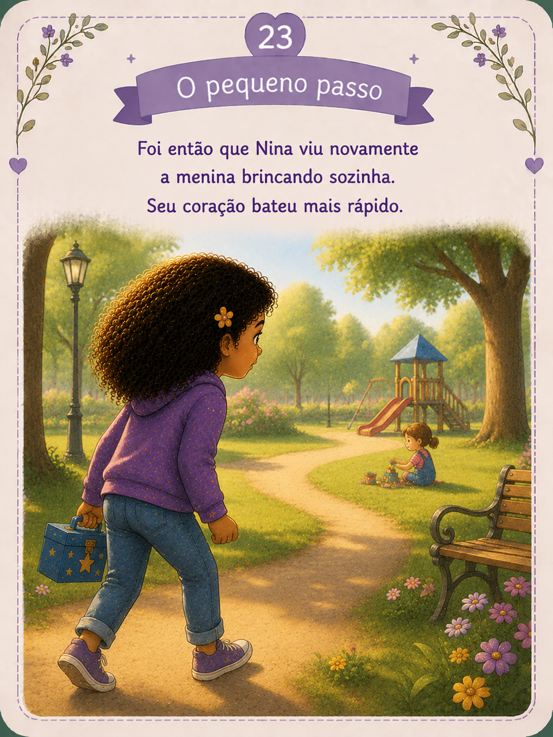 Nina caminhando em direção à menina e estendendo a mão. A menina olha para Nina e sorri. Emoção: Coragem.