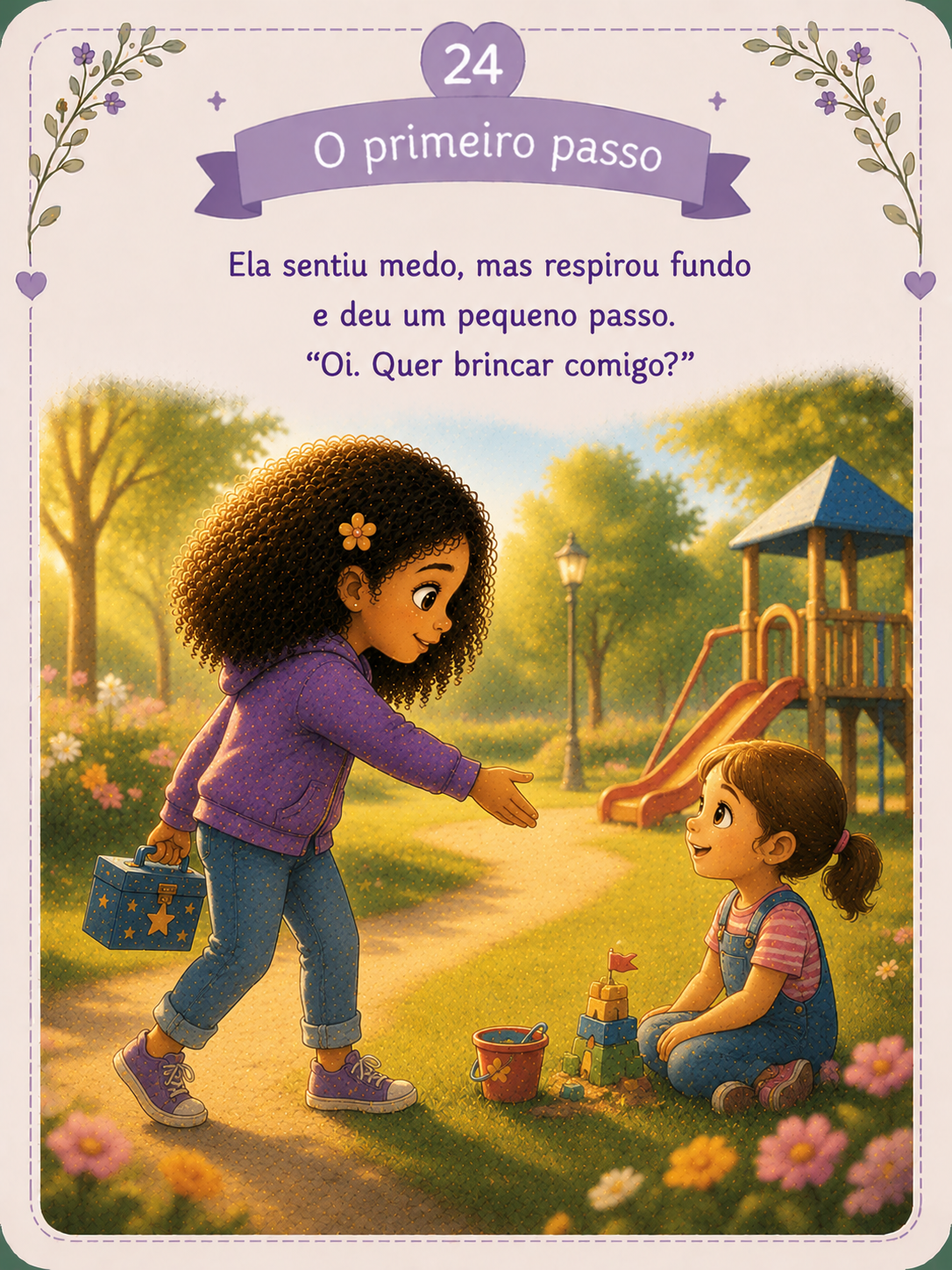 As duas meninas correndo pelo parque. Uma borboleta voa acima delas. No céu, uma lua delicada. Pequenos brilhos dourados. Emoção: Alegria + amizade.