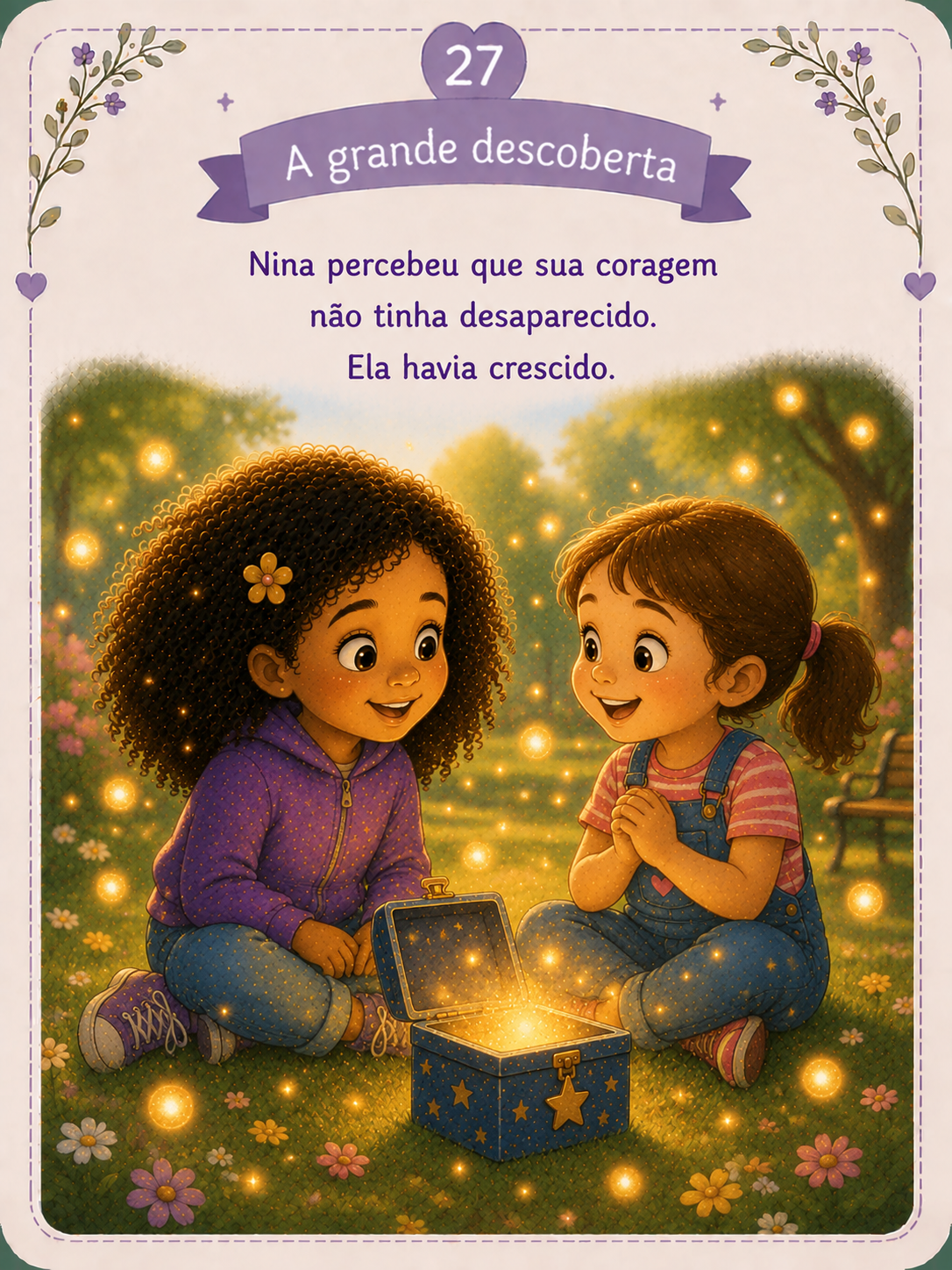 Nina caminhando pelo jardim ao amanhecer. A caixinha azul está sobre uma pequena mesa ao fundo. Pequenas luzes douradas dançam entre as flores. Nina caminha sorrindo. Emoção: Paz + confiança + esperança.