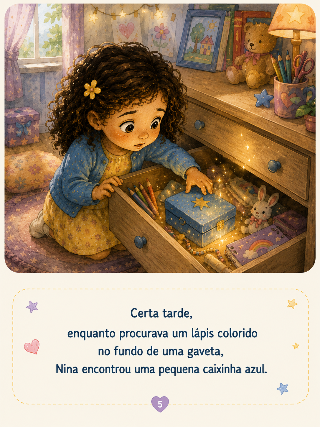 Nina segurando a caixa aberta. A luz dourada ilumina seu rosto e seus olhos. Emoção: Encantamento.