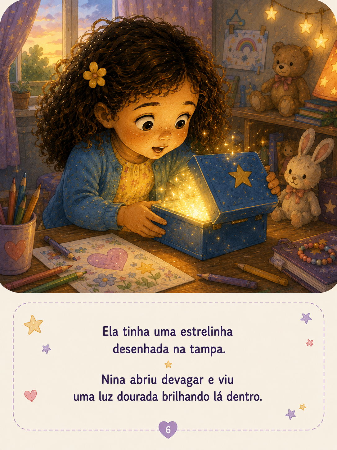 Nina realizando uma pequena ação corajosa. Uma nova luz dourada surge dentro da caixa. Emoção: Descoberta.