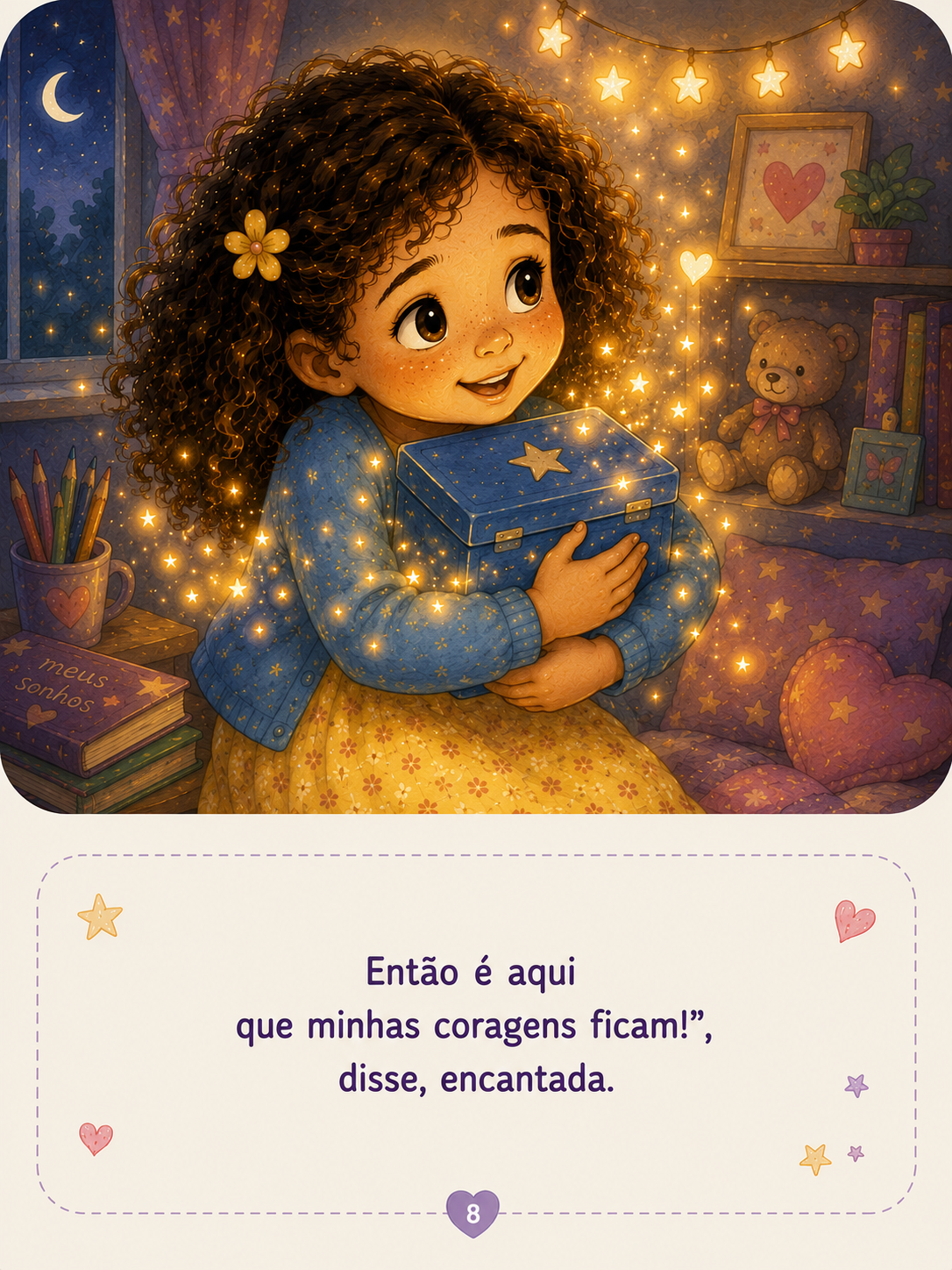 Nina colocando cuidadosamente a caixa sobre sua mesa. Ela olha para a caixa com expressão de quem guarda um tesouro. Emoção: Segurança.